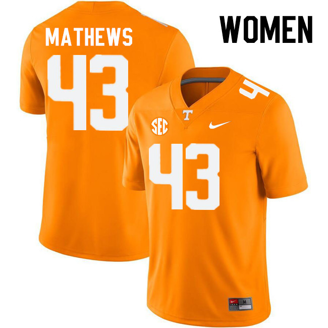 Women #43 Jackson Mathews Tennessee Volunteers College Football Jerseys Stitched-Orange